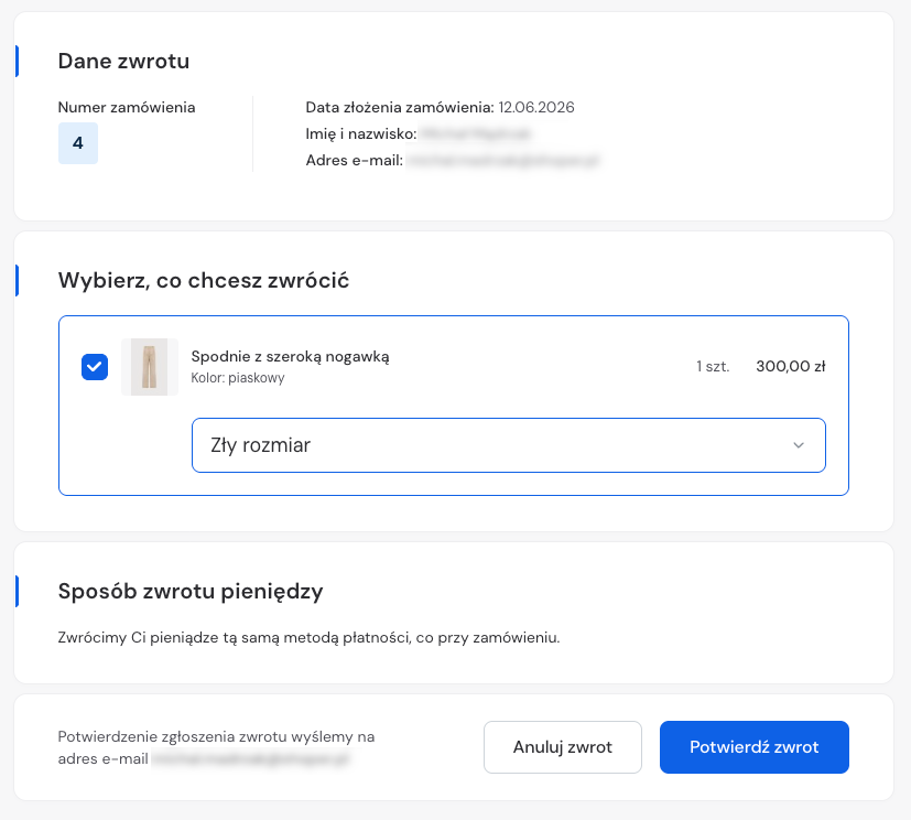 Panel zwrotu produktu